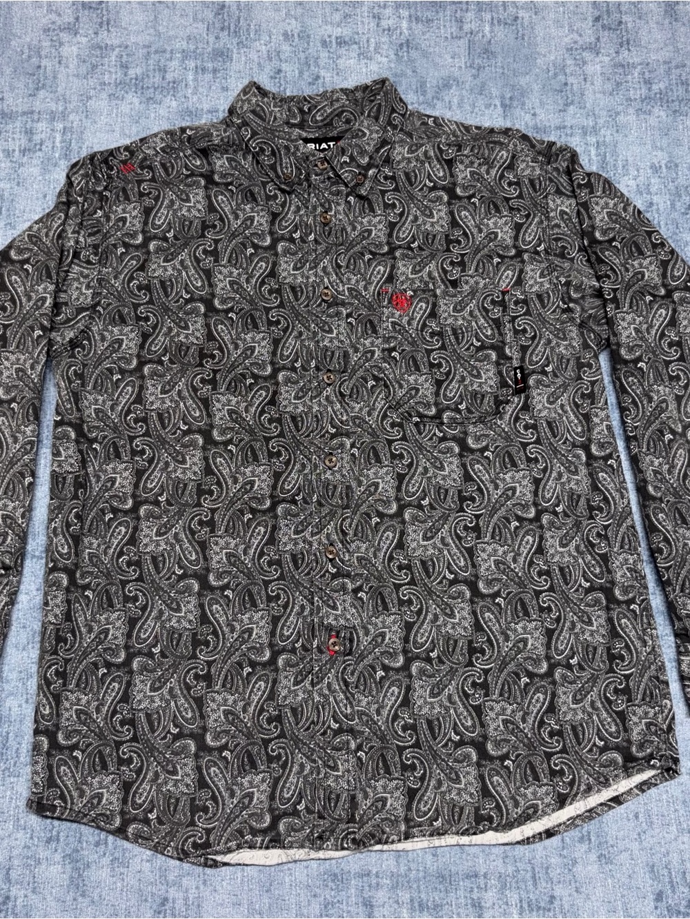 Ariat Work FR Flame Resistant Black & Gray Paisley Long Sleeve Button Up Shirt L